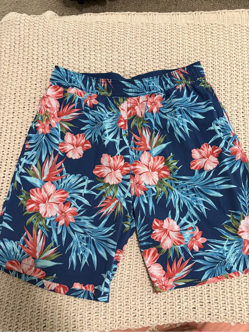 Men's Navy Floral Swim Trunks - Blue & Coral Tropical Print